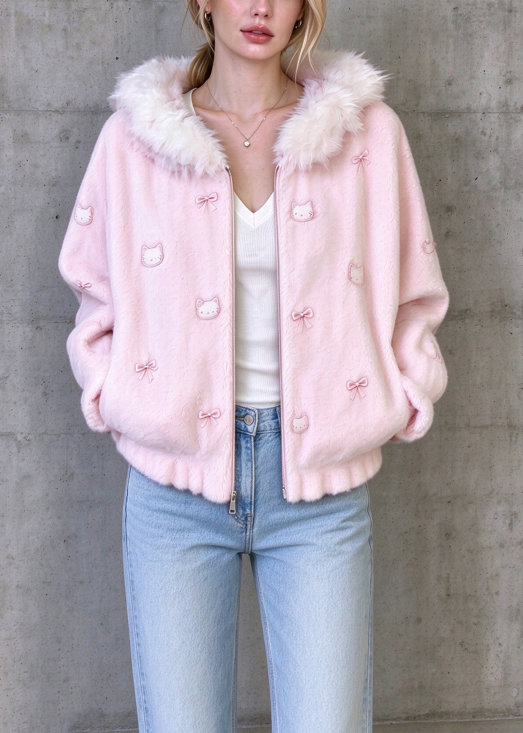 Classy Light Pink Embroidered Faux Fur Trim Hooded Jacket Fall