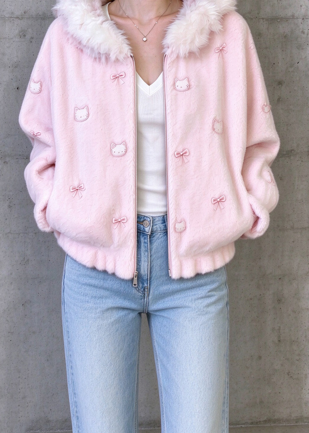Classy Light Pink Embroidered Faux Fur Trim Hooded Jacket Fall