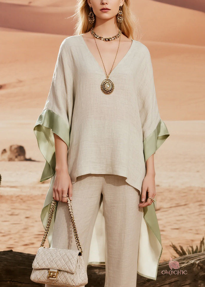 Classy Linen Low High Design Silk Patchwork Linen Two Pieces Set Spring