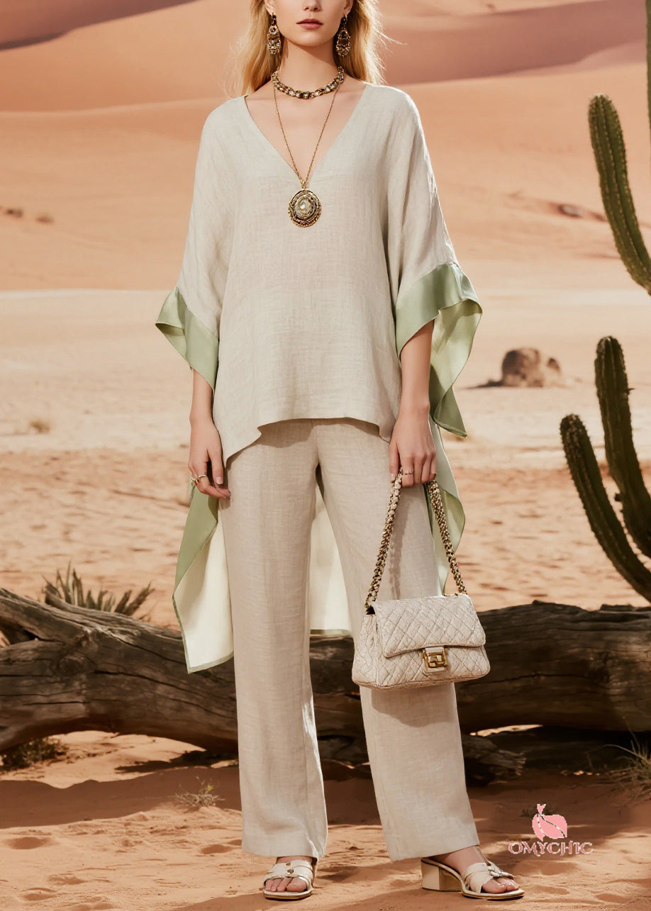 Classy Linen Low High Design Silk Patchwork Linen Two Pieces Set Spring