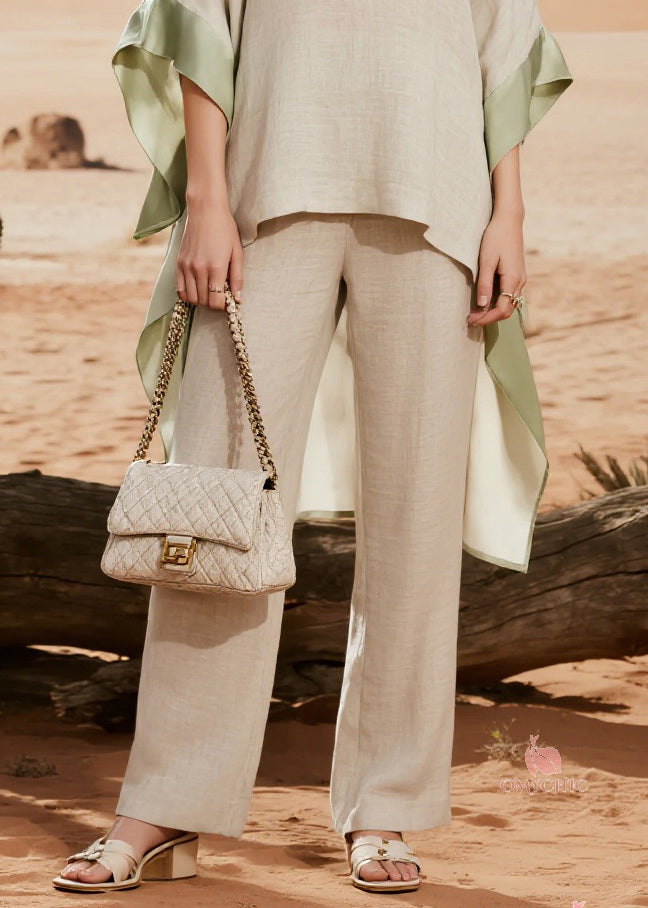 Classy Linen Low High Design Silk Patchwork Linen Two Pieces Set Spring