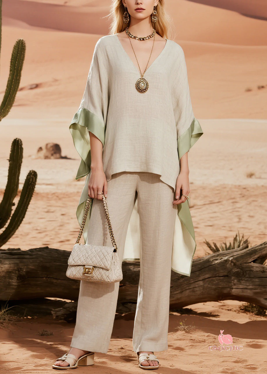 Classy Linen Low High Design Silk Patchwork Linen Two Pieces Set Spring