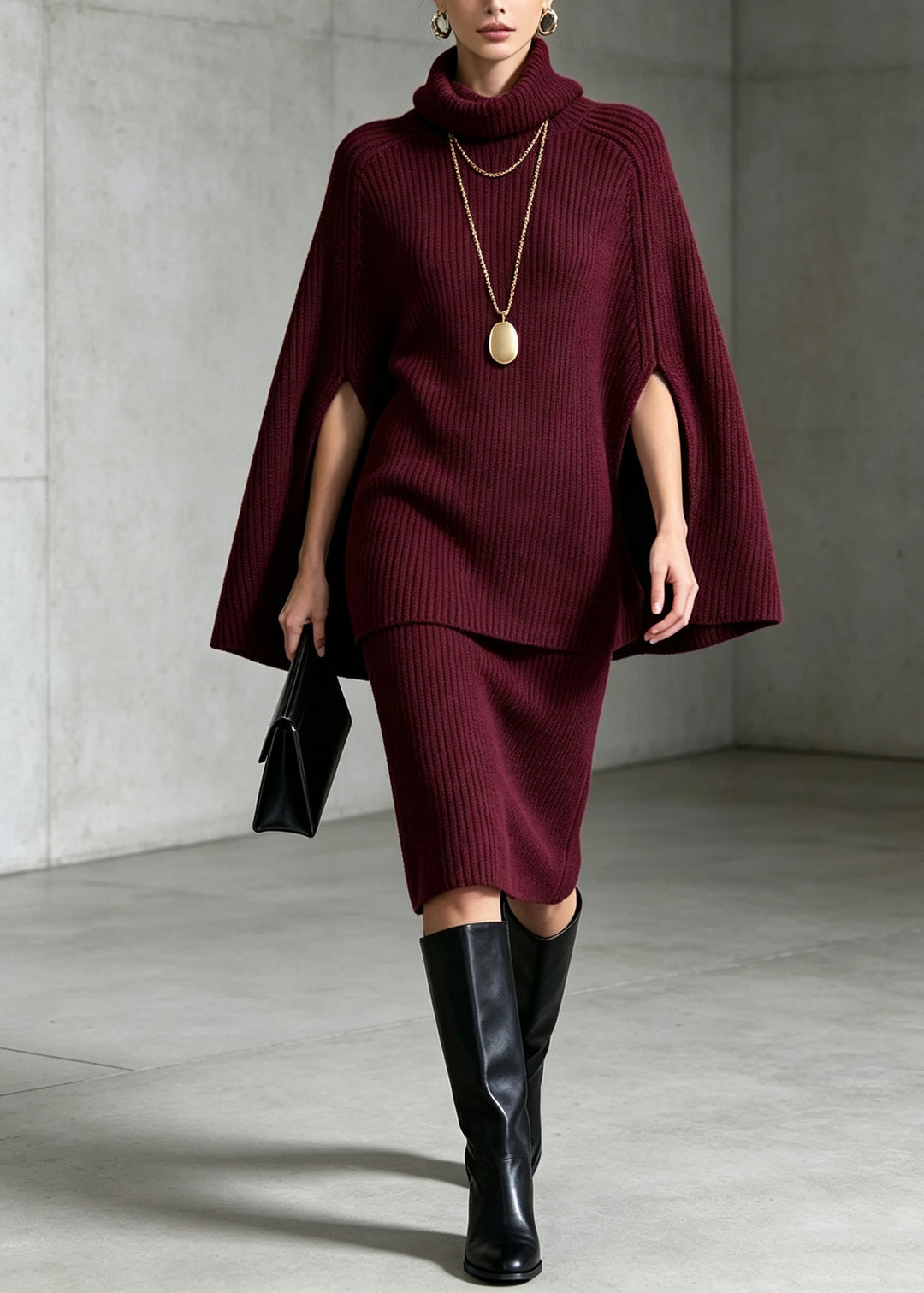 Classy Mulberry Hign Neck Knit Two Piece Set Cloak Sleeves