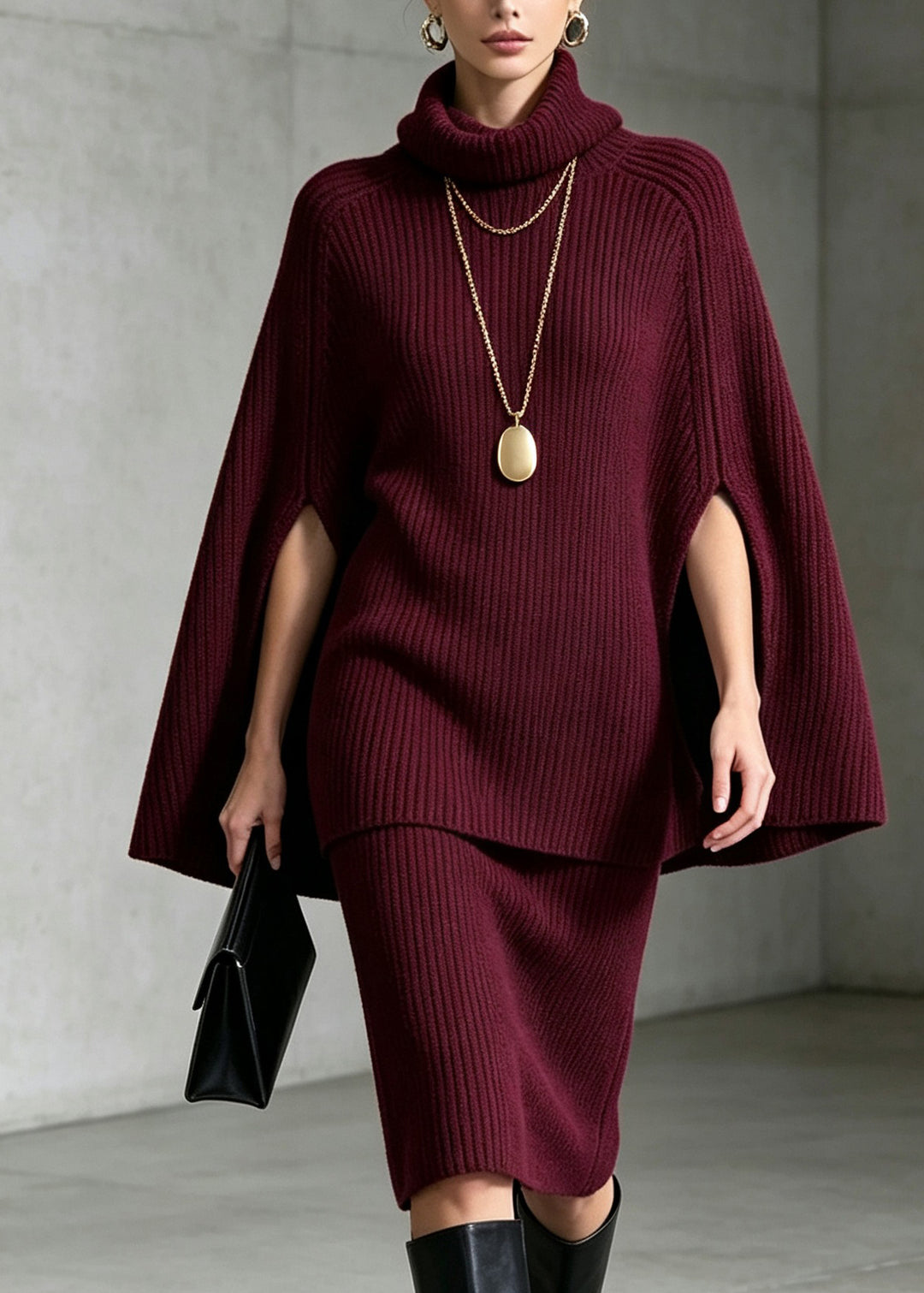 Classy Mulberry Hign Neck Knit Two Piece Set Cloak Sleeves