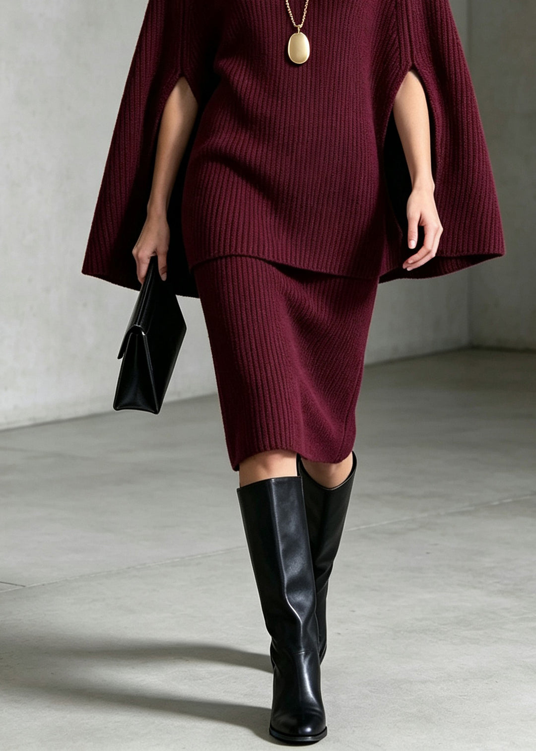 Classy Mulberry Hign Neck Knit Two Piece Set Cloak Sleeves