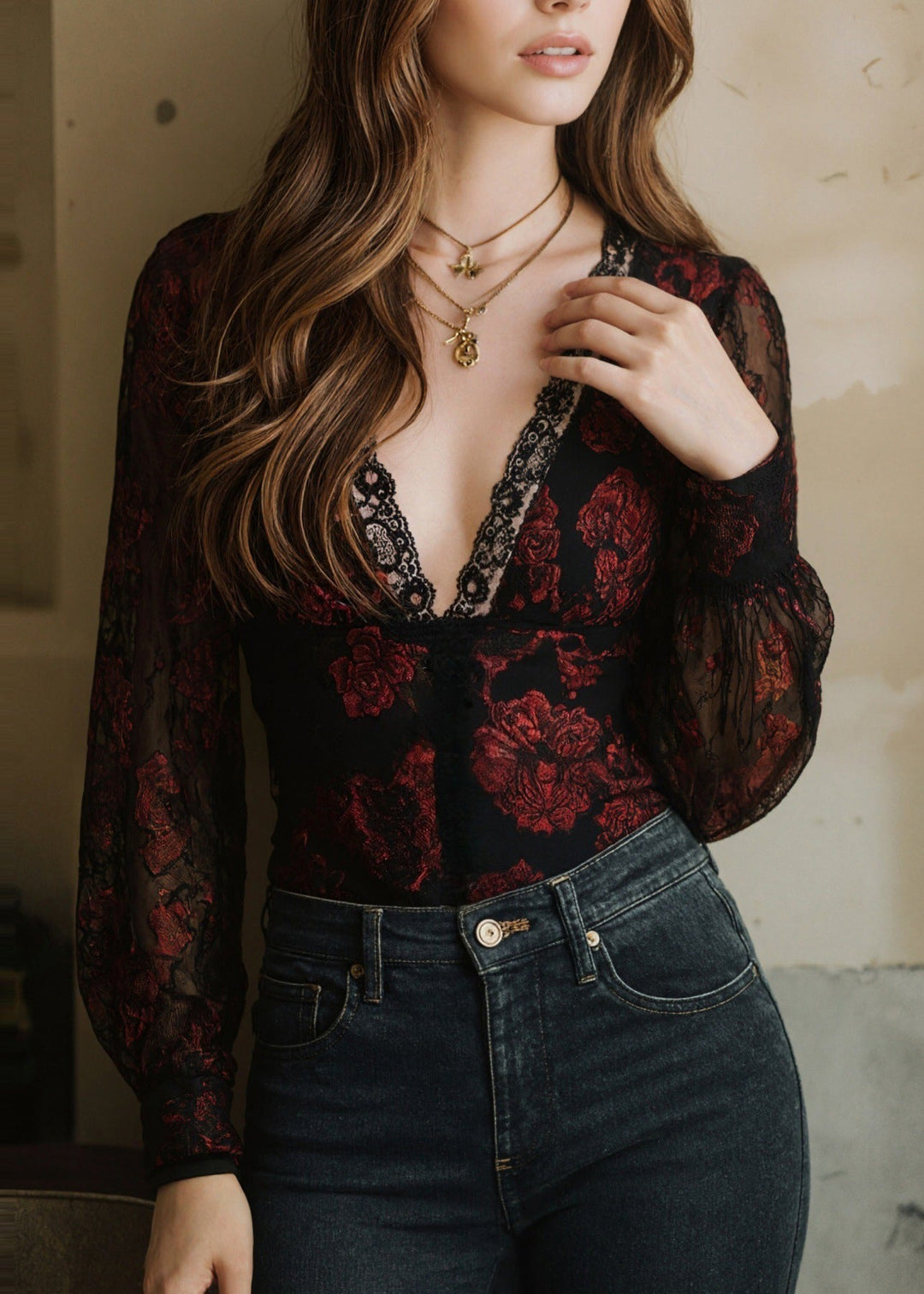 Classy Mulberry V Neck Lace Patchwork Velour Top Long Sleeve
