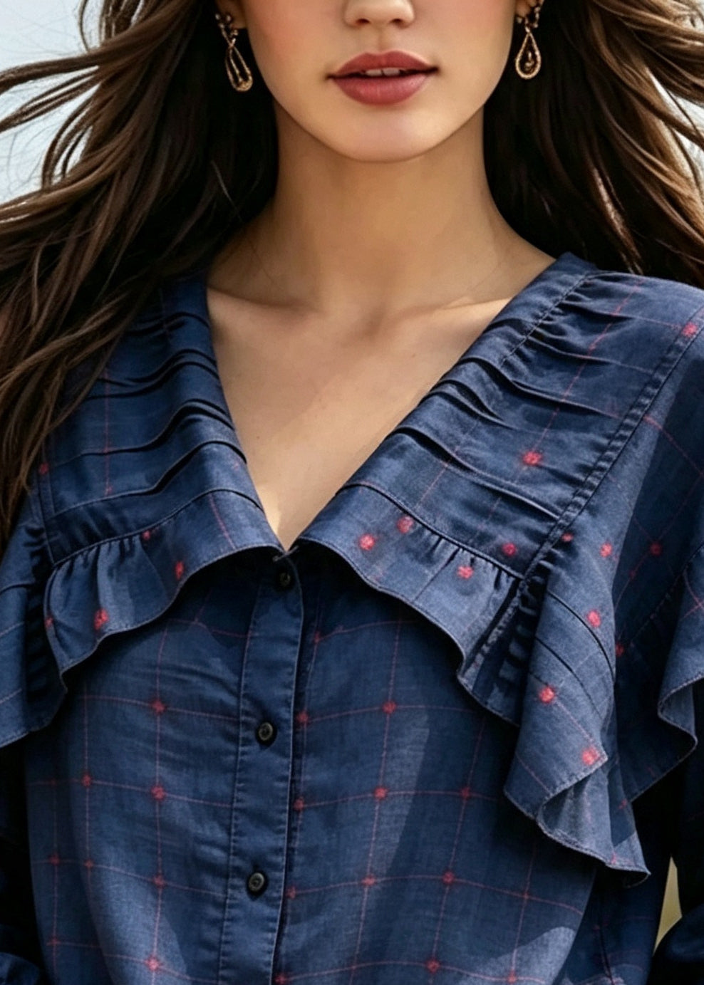 Classy Navy Peter Pan Collar Plaid Cotton Shirts Fall