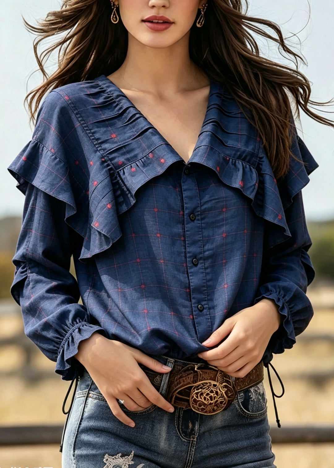 Classy Navy Peter Pan Collar Plaid Cotton Shirts Fall