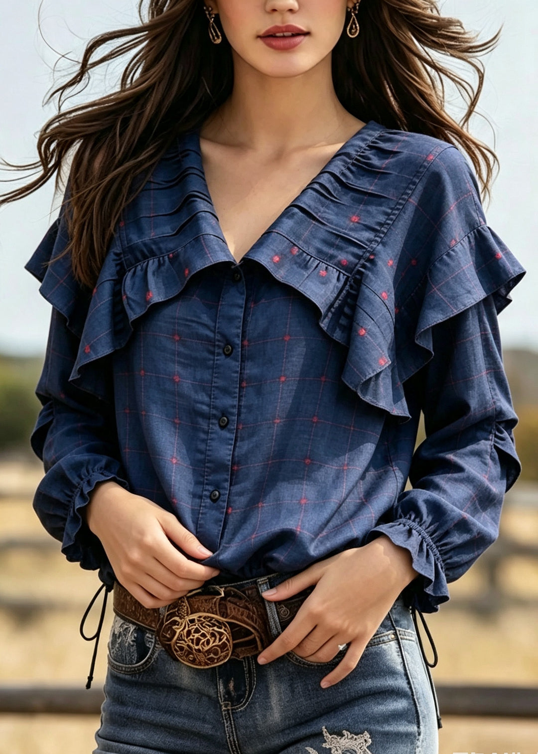 Classy Navy Peter Pan Collar Plaid Cotton Shirts Fall