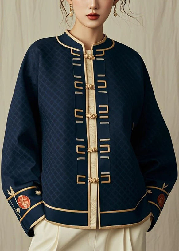 Classy Navy Stand Collar Plaid Button Coat Fall