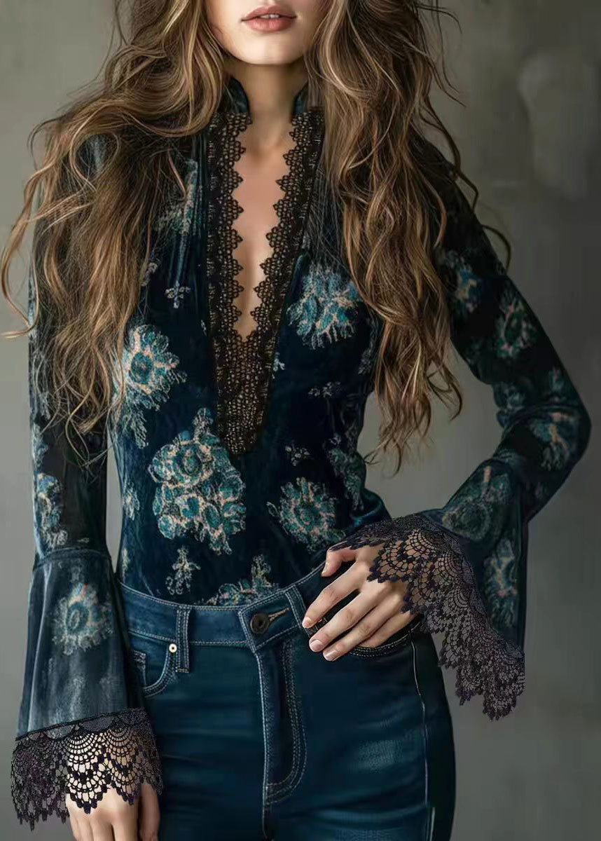 Classy Navy V Neck Print Patchwork Lace Shirt Tops Flare Sleeve