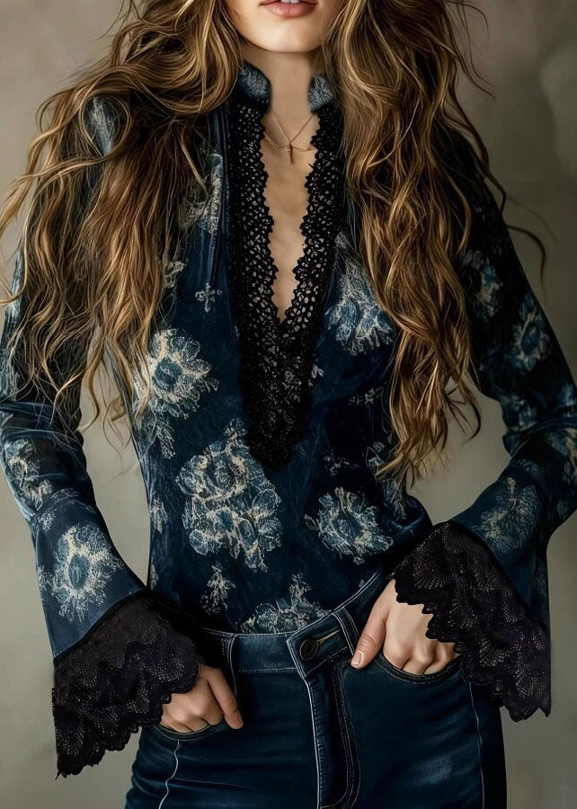 Classy Navy V Neck Print Patchwork Lace Shirt Tops Flare Sleeve