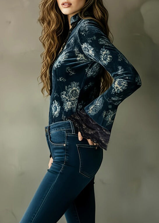 Classy Navy V Neck Print Patchwork Lace Shirt Tops Flare Sleeve