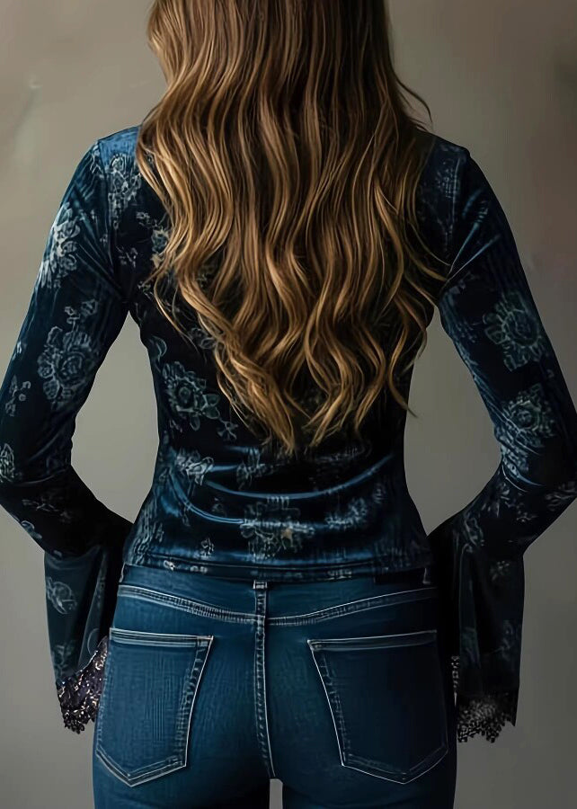 Classy Navy V Neck Print Patchwork Lace Shirt Tops Flare Sleeve