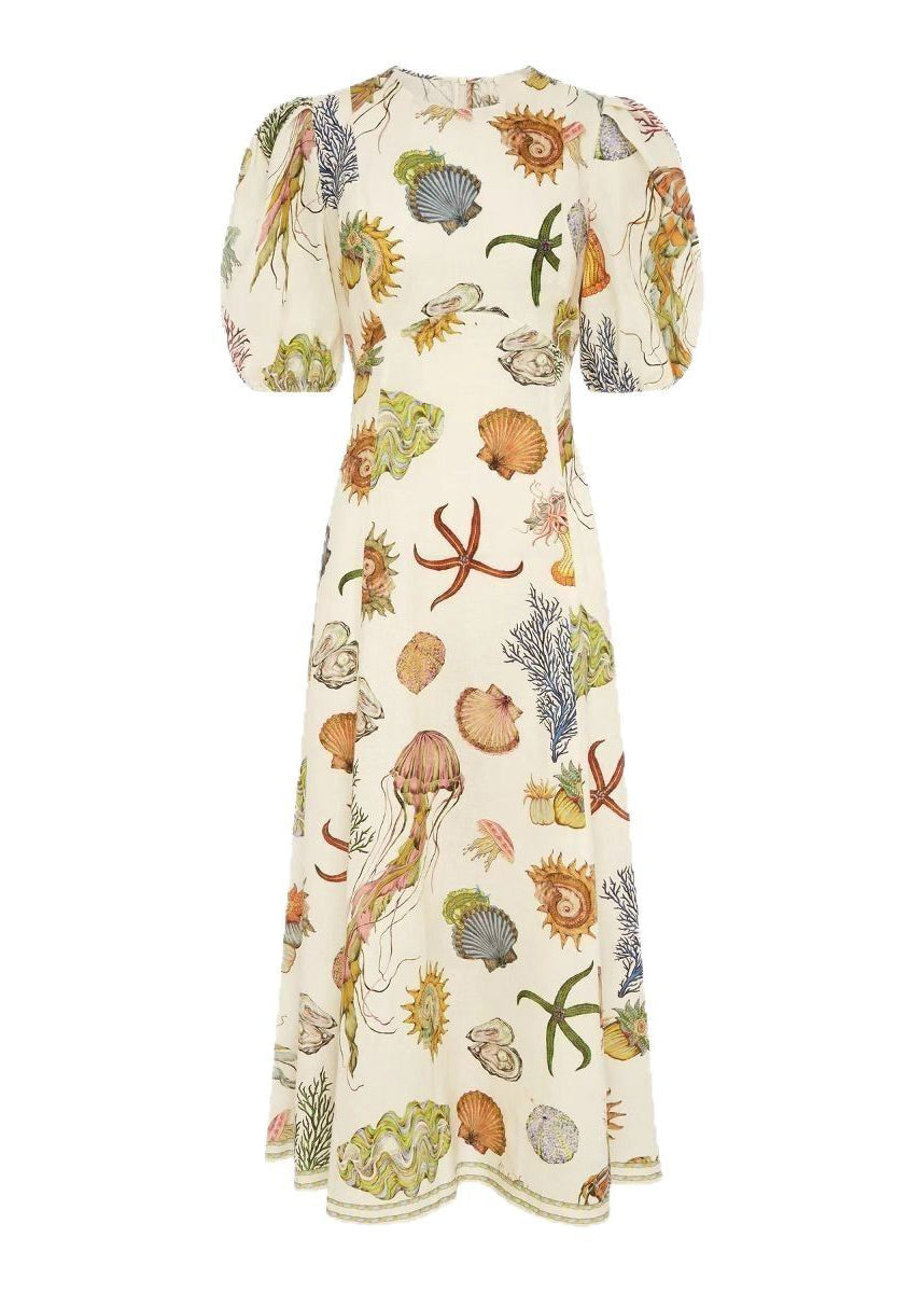 Classy O-Neck Print Tunic Long Dress Short Sleeve