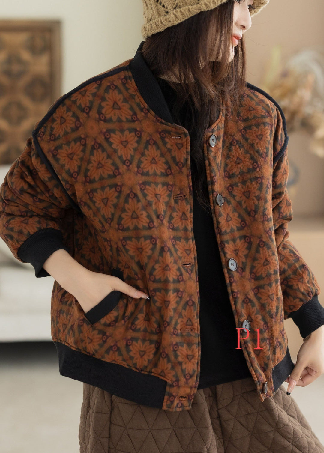 Classy Orange Oversized Print Fine Cotton Filled Coats Winter