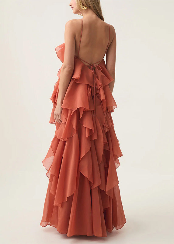 Classy Orange Ruffled Asymmetrical Patchwork Chiffon Dress Summer