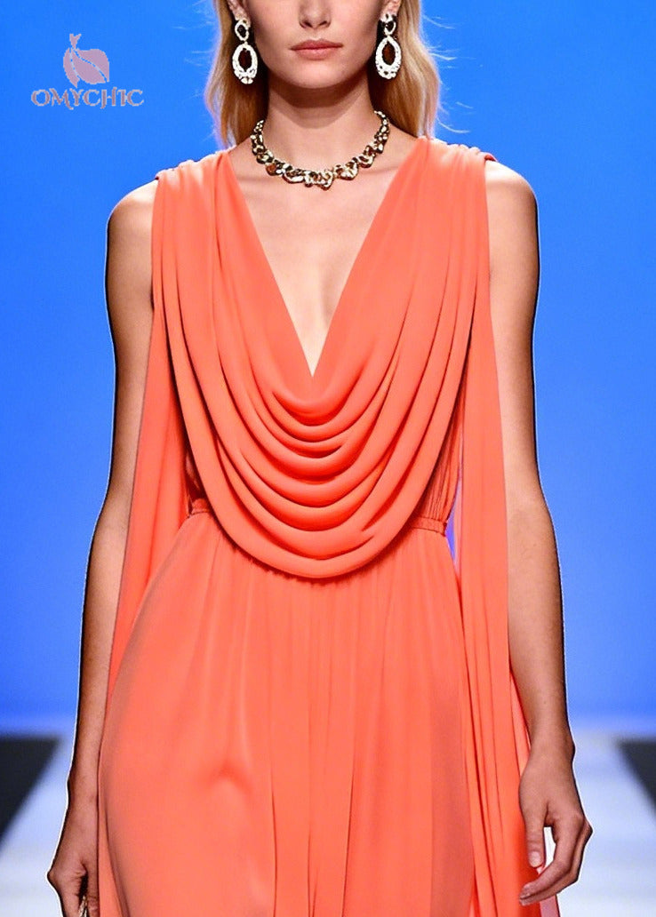 Classy Orange Turtle Neck Draping Chiffon Long Dress Summer