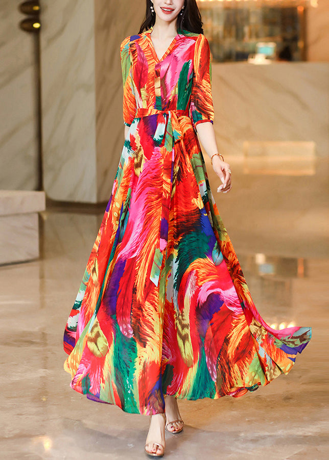 Classy Orange V Neck Print Chiffon Long Dress Summer