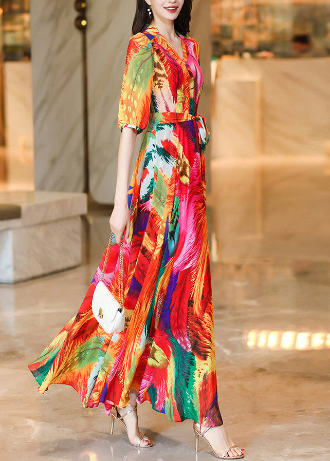 Classy Orange V Neck Print Chiffon Long Dress Summer