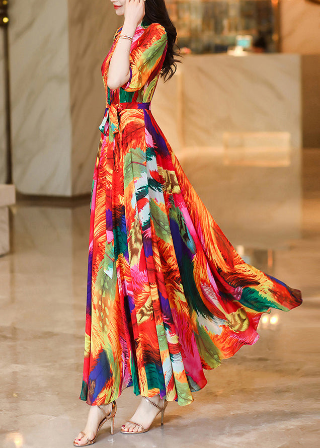 Classy Orange V Neck Print Chiffon Long Dress Summer