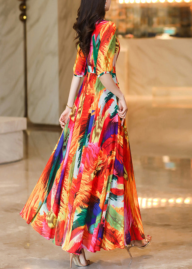 Classy Orange V Neck Print Chiffon Long Dress Summer