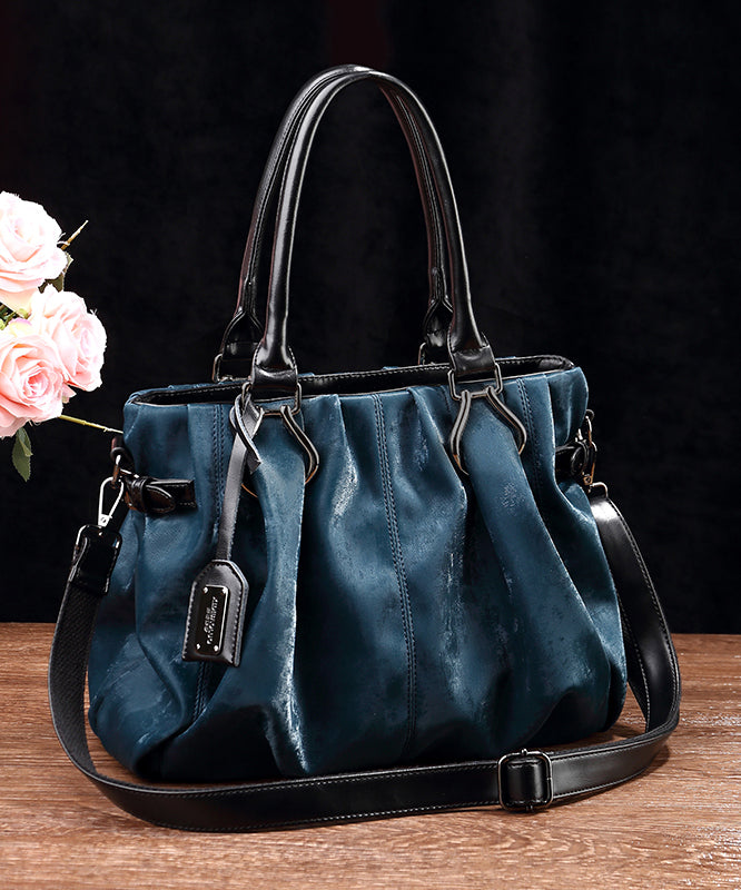 Classy Peacock Blue Large Capacity Wrinkled Calf Leather Tote Bag