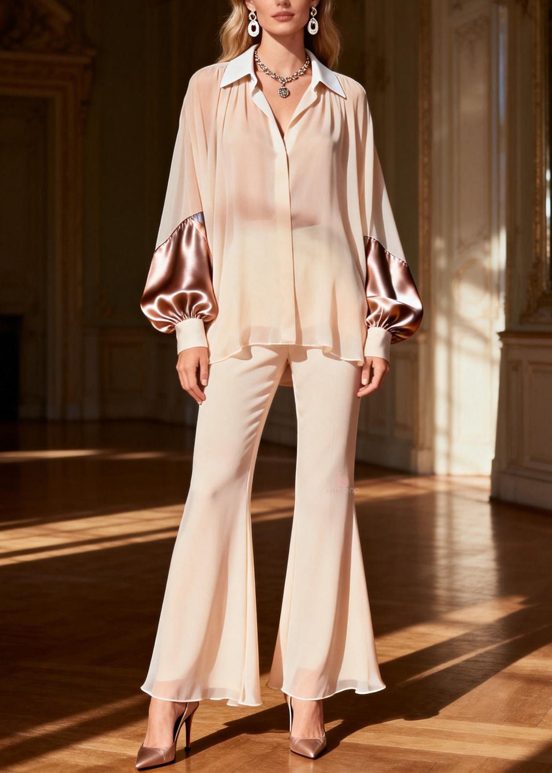 Classy Peter Pan Collar Patchwork Silk Two Pieces Set Spring