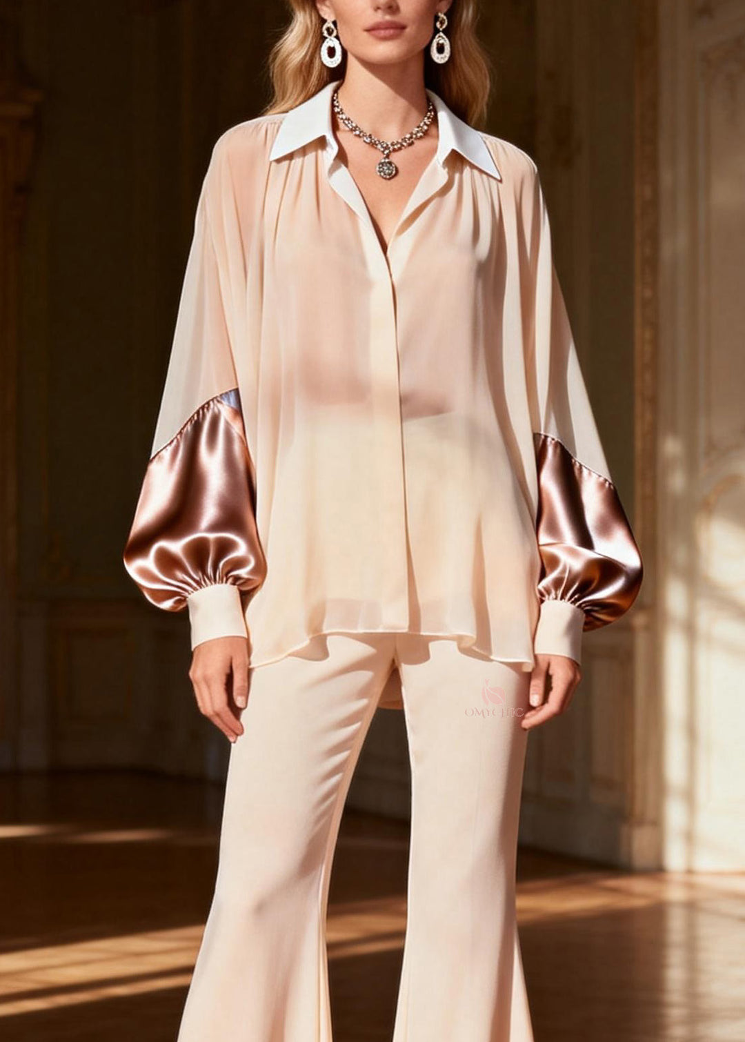 Classy Peter Pan Collar Patchwork Silk Two Pieces Set Spring