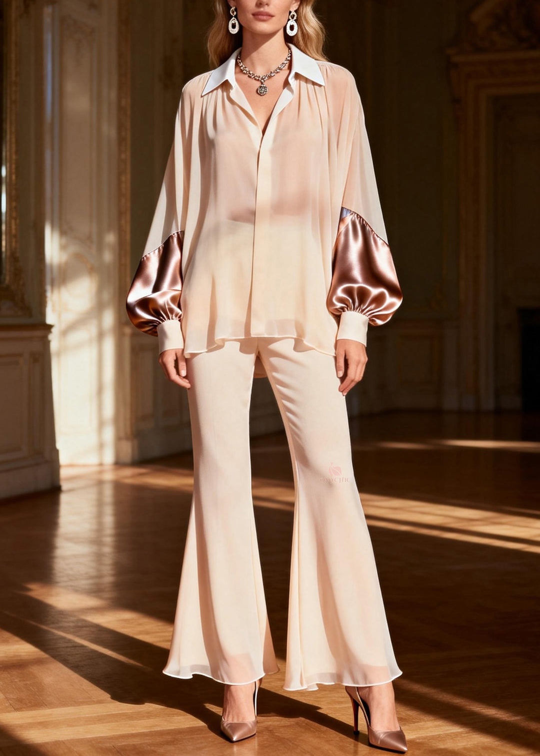 Classy Peter Pan Collar Patchwork Silk Two Pieces Set Spring