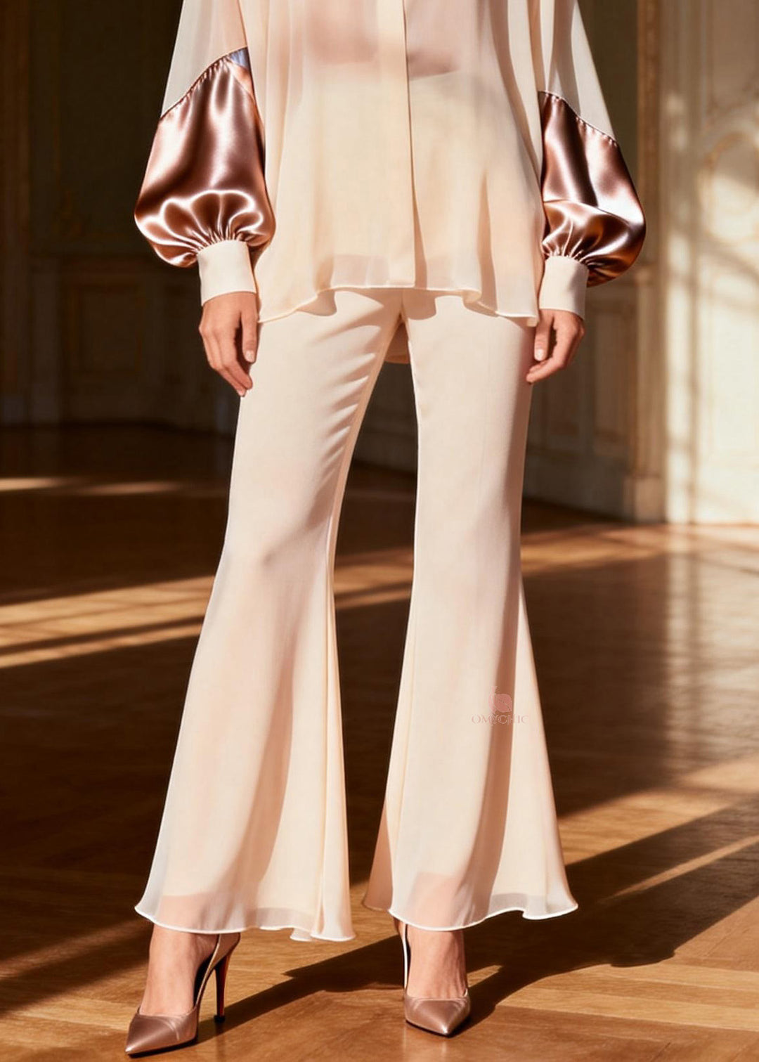 Classy Peter Pan Collar Patchwork Silk Two Pieces Set Spring