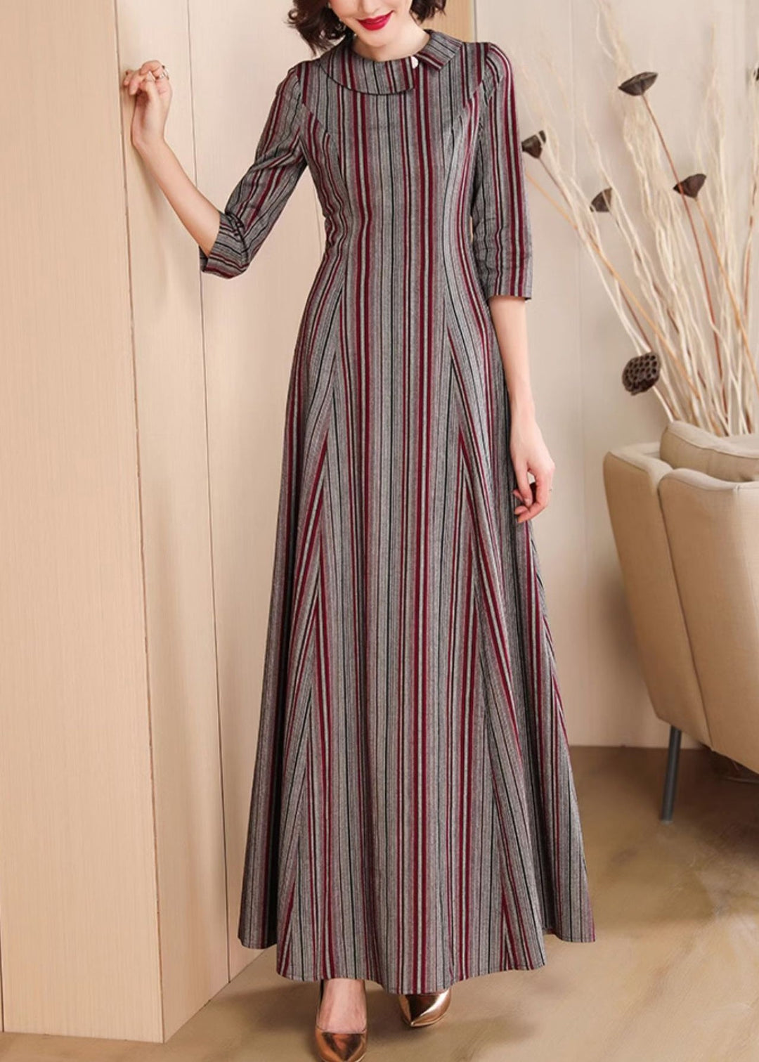 Classy Peter Pan Collar Striped Cotton Dresses Summer