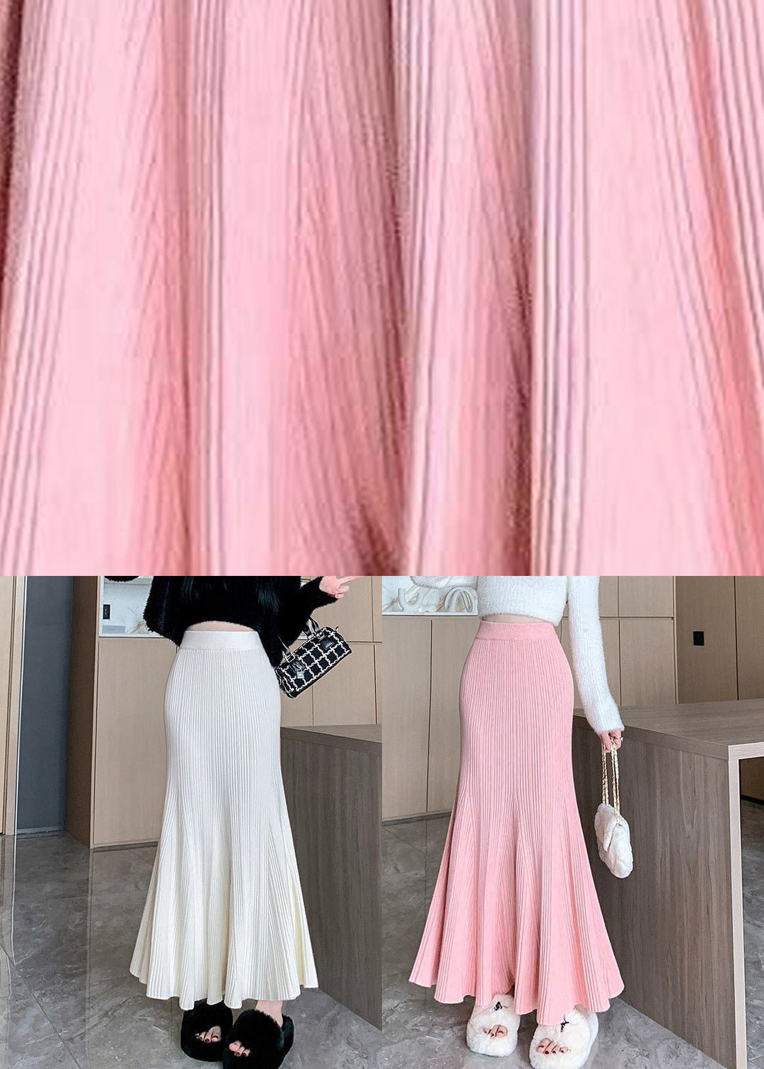 Classy Pink Elastic Waist Knit A Line Skirt Fall