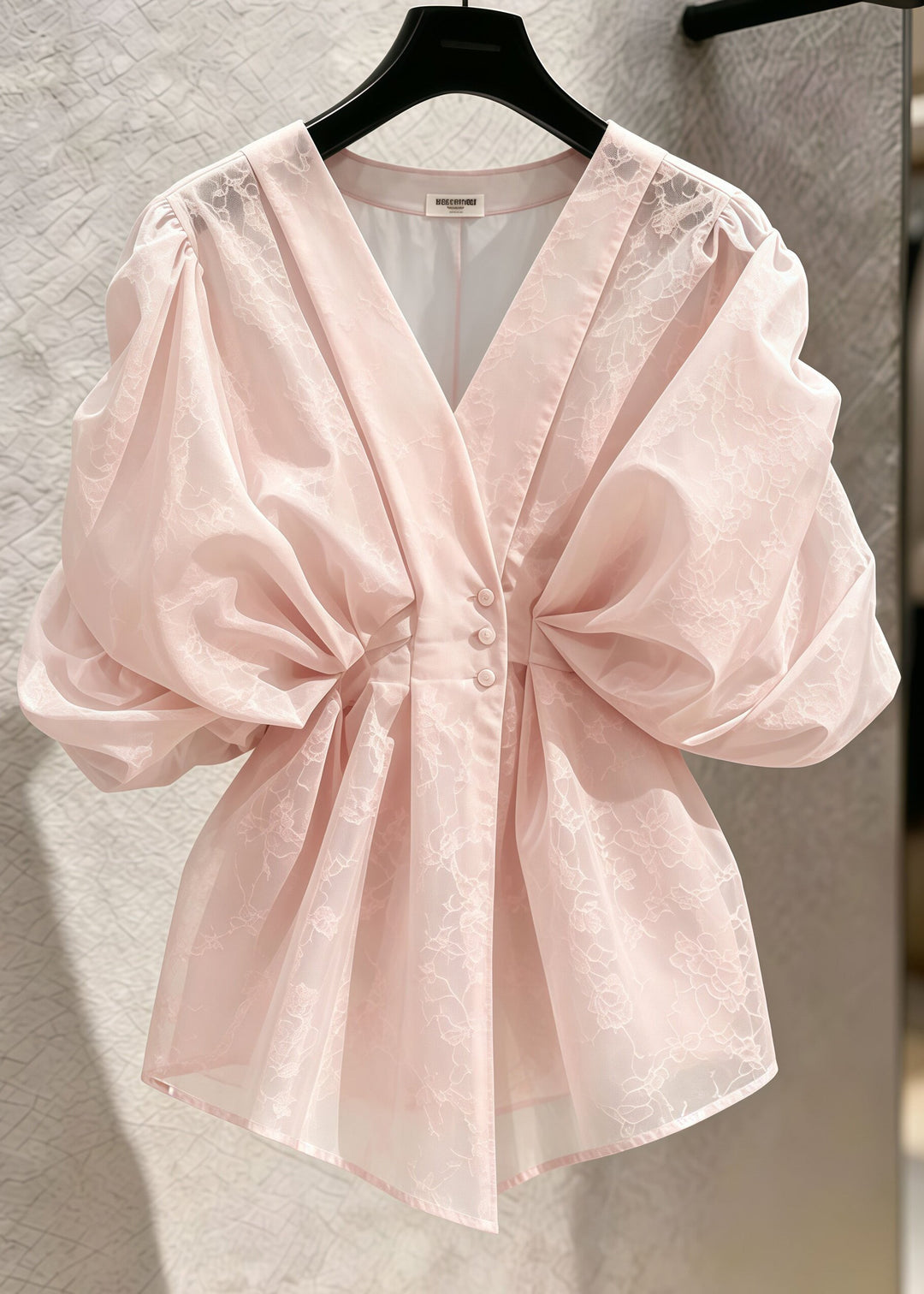 Classy Pink Jacquard Wrinkled Silk Top Puff Sleeve