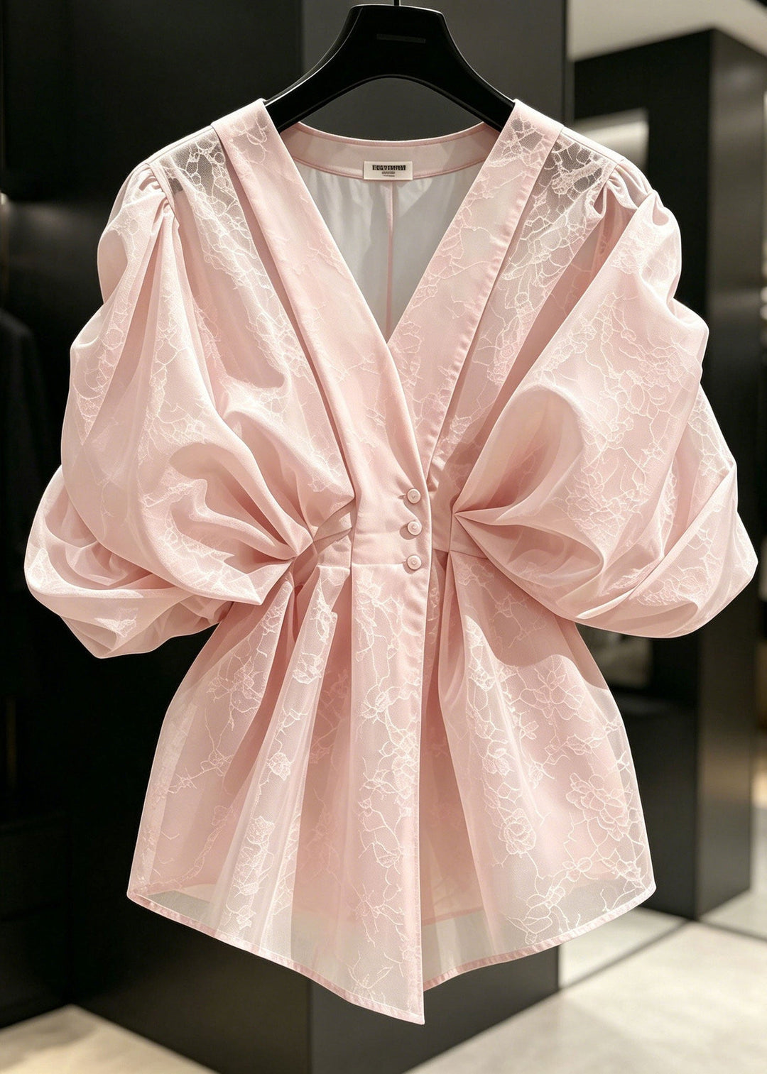 Classy Pink Jacquard Wrinkled Silk Top Puff Sleeve