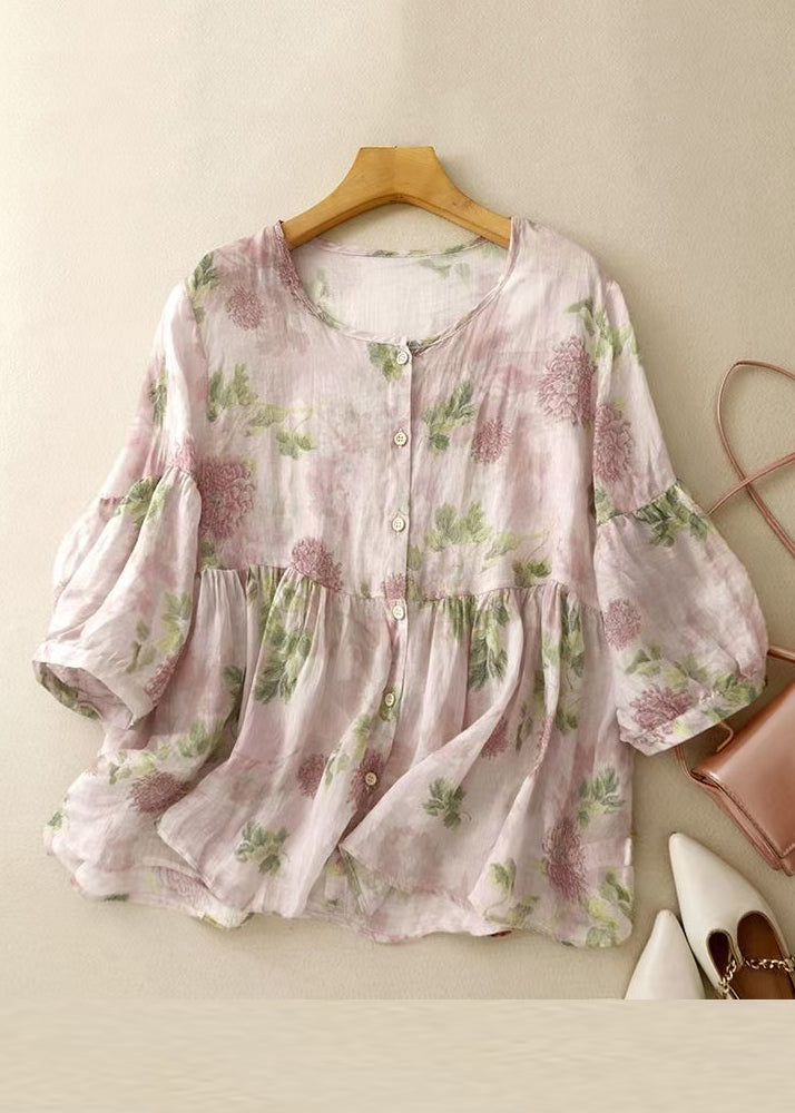 Classy Pink O Neck Print Button Cotton Blouse Bracelet Sleeve