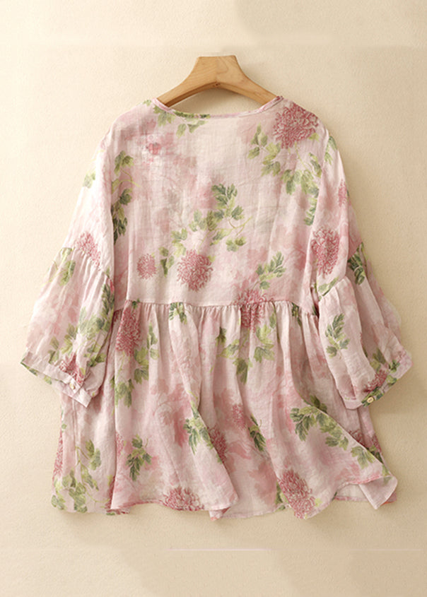 Classy Pink O Neck Print Button Cotton Blouse Bracelet Sleeve