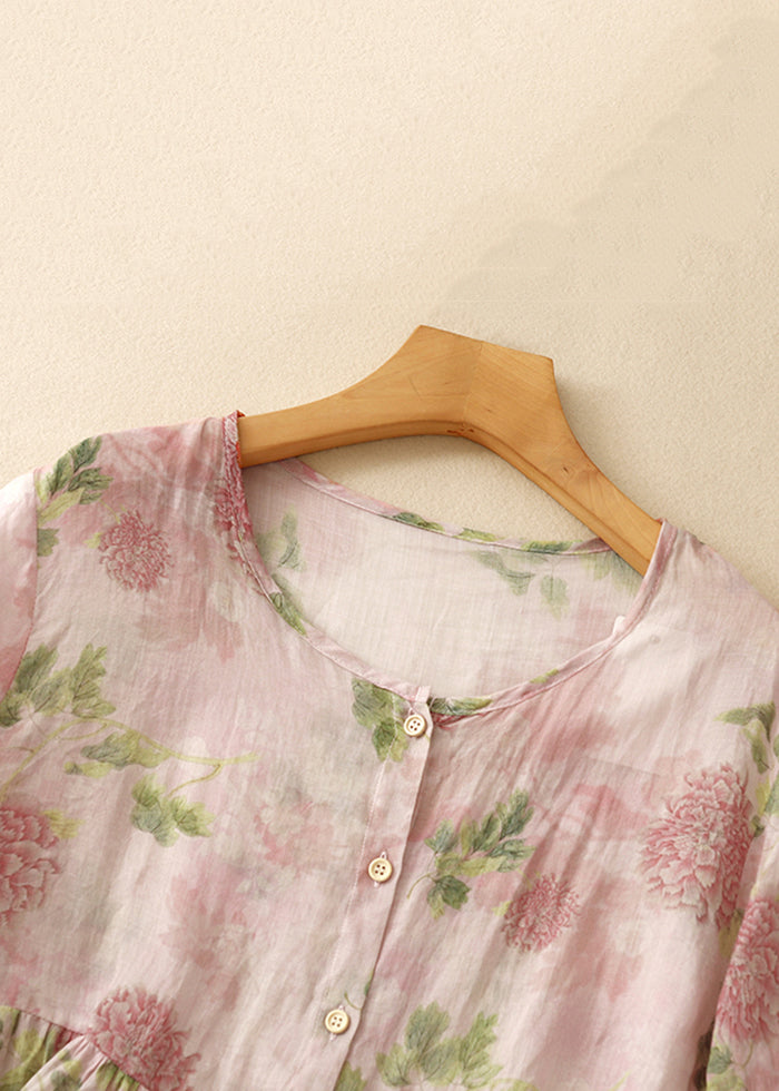 Classy Pink O Neck Print Button Cotton Blouse Bracelet Sleeve