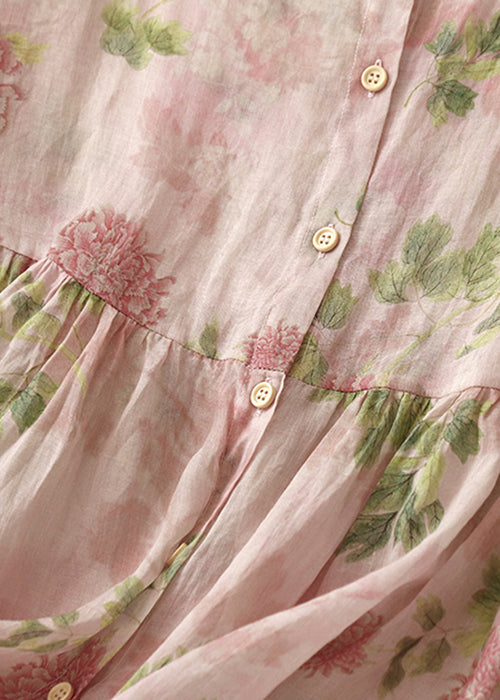 Classy Pink O Neck Print Button Cotton Blouse Bracelet Sleeve