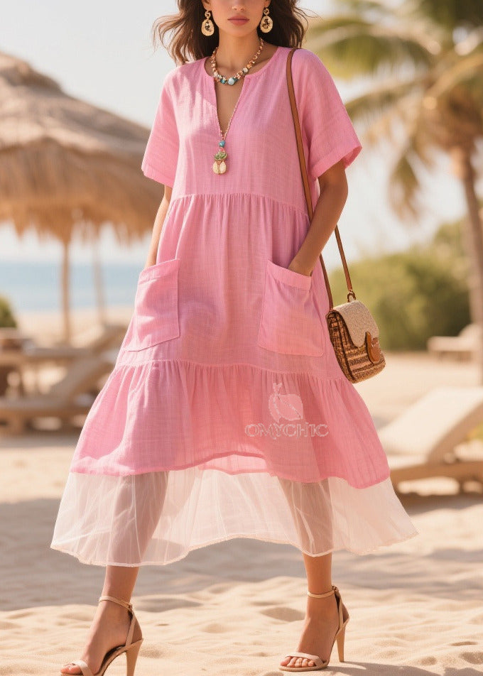Classy Pink Oversized Patchwork Tulle Cotton Maxi Dresses Summer - Omychic