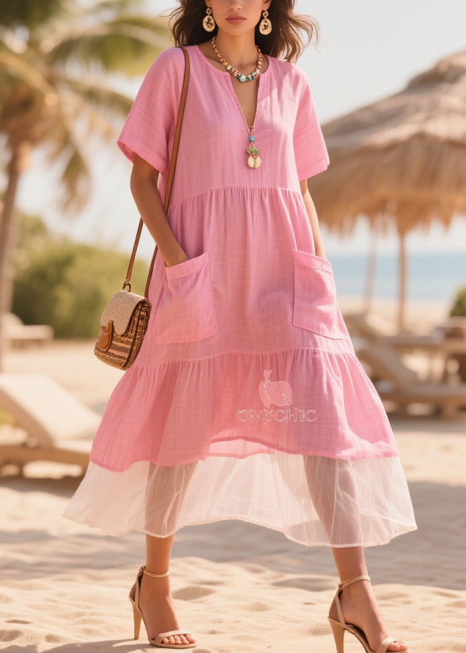 Classy Pink Oversized Patchwork Tulle Cotton Maxi Dresses Summer - Omychic