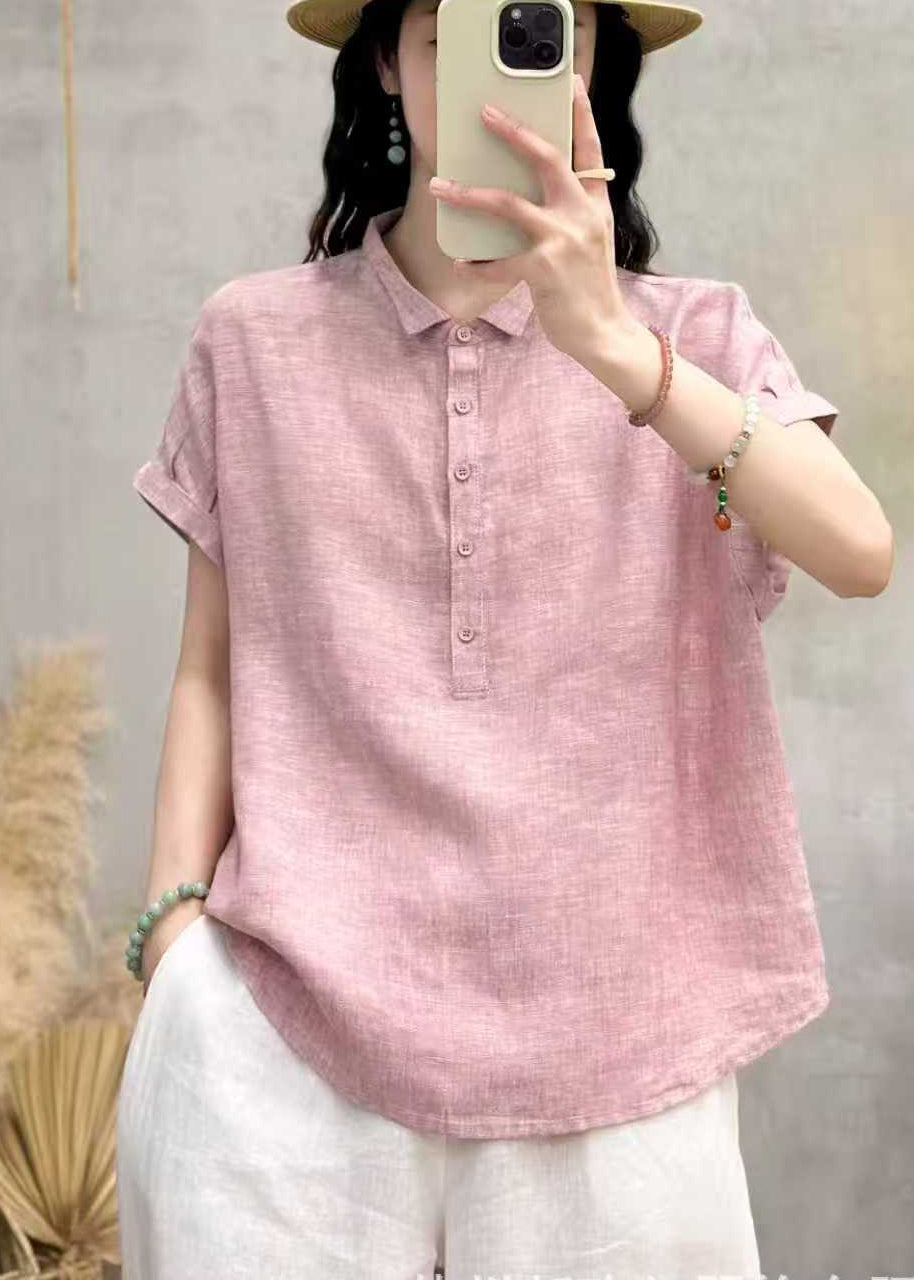 Classy Pink Peter Pan Collar Oversized Linen Blouses Summer
