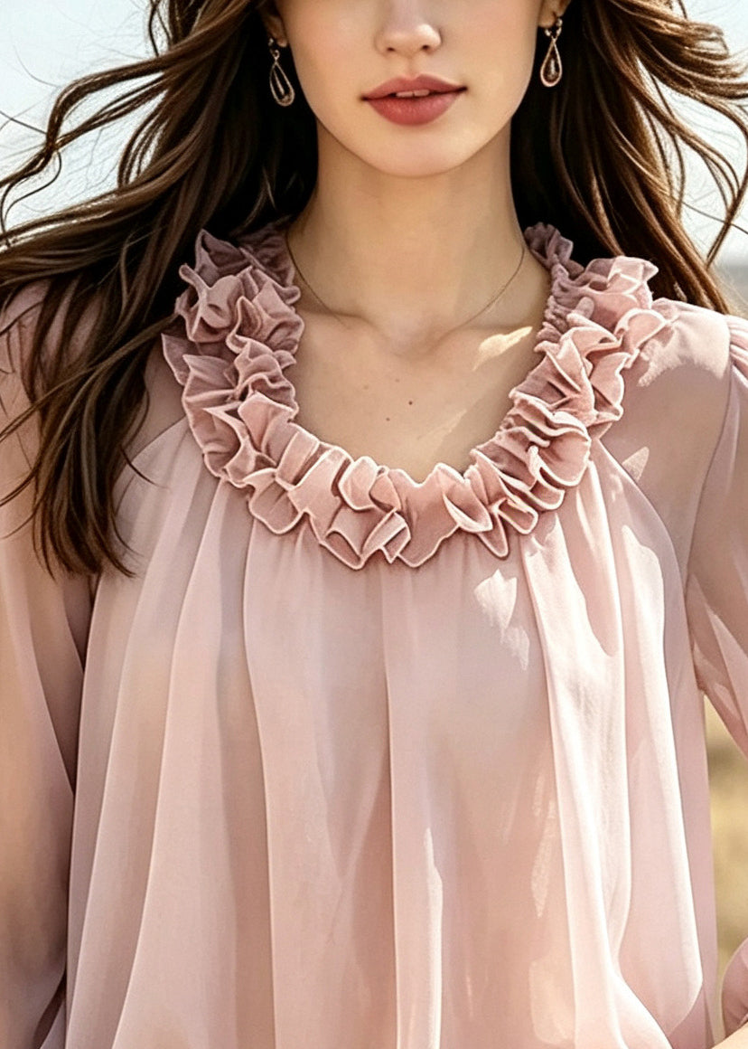 Classy Pink Ruffled Chiffon Blouse Top Summer