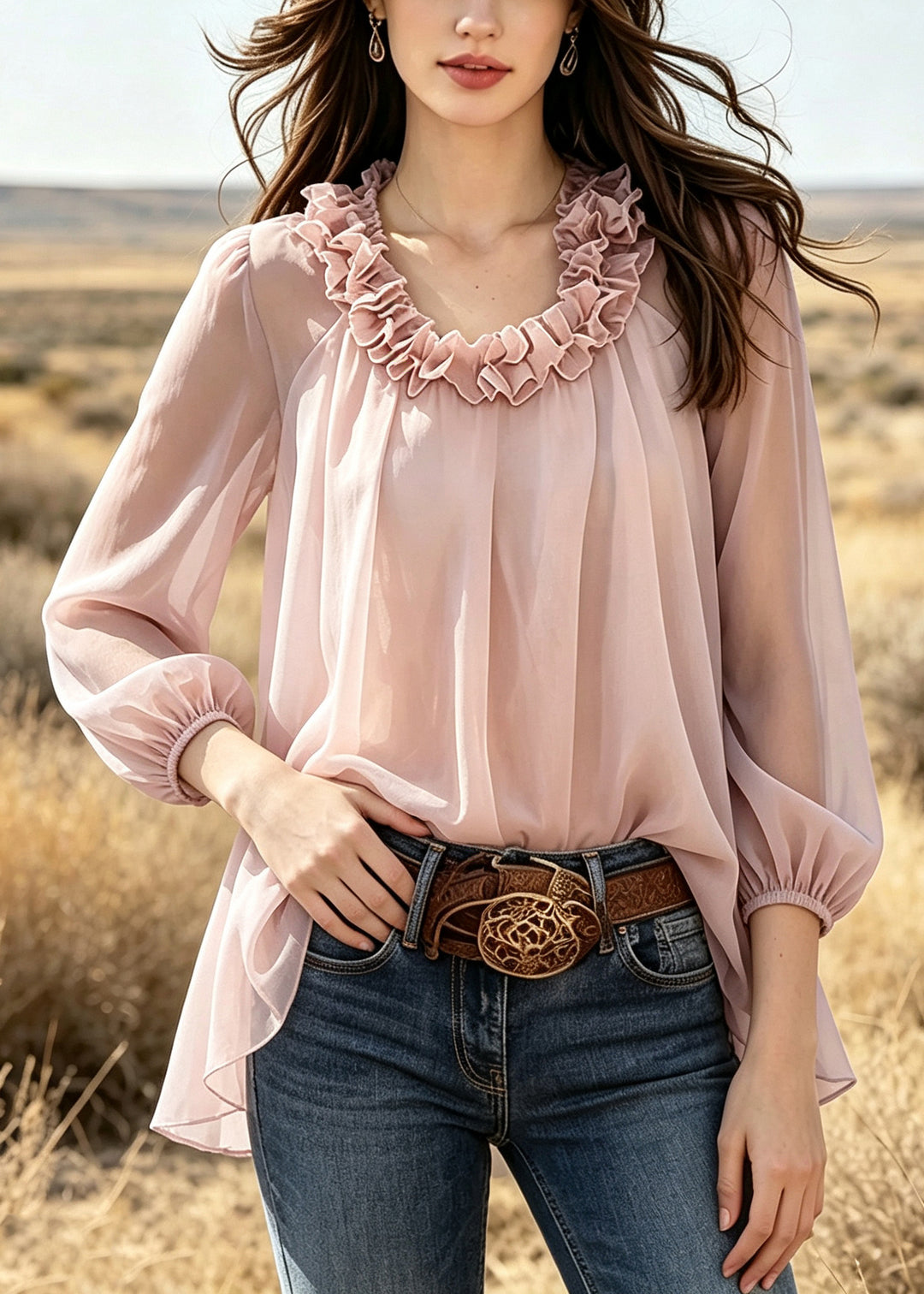 Classy Pink Ruffled Chiffon Blouse Top Summer