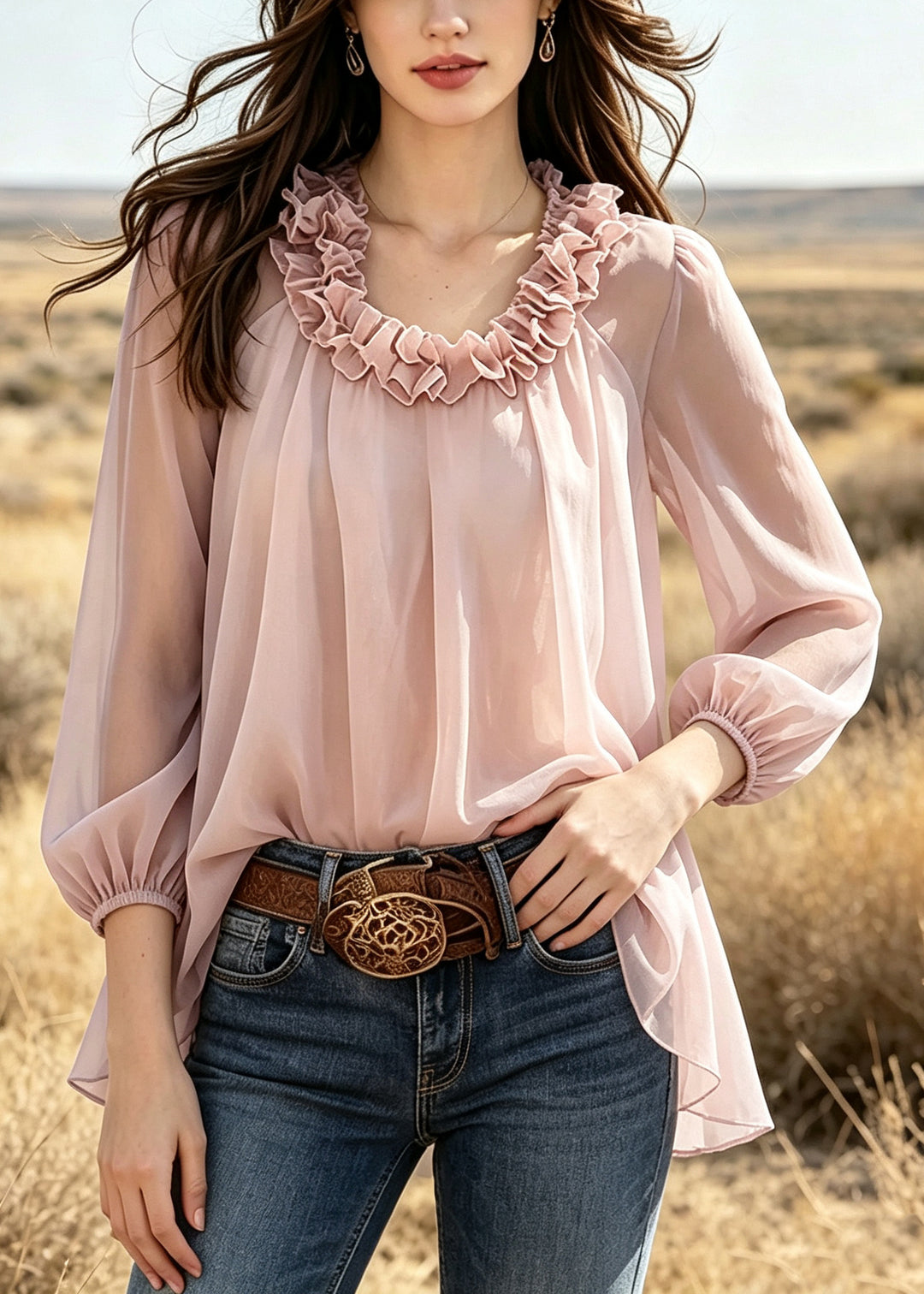 Classy Pink Ruffled Chiffon Blouse Top Summer