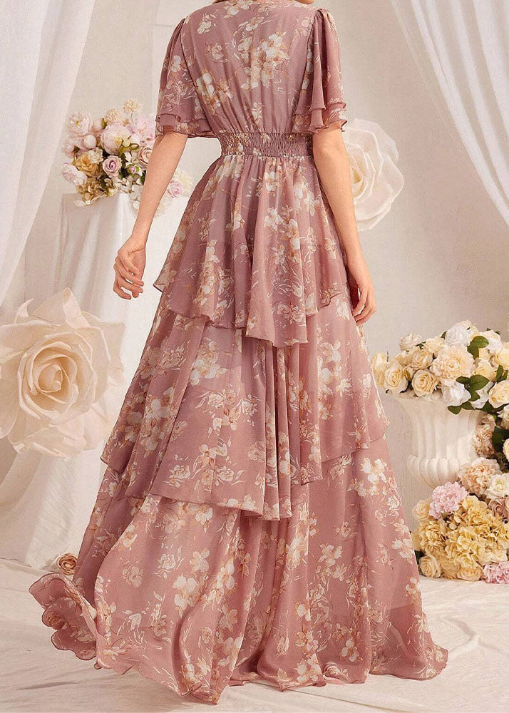 Classy Pink Ruffled Print Chiffon Long Dresses Summer