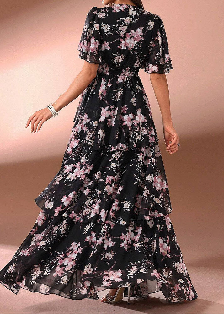 Classy Pink Ruffled Print Chiffon Long Dresses Summer