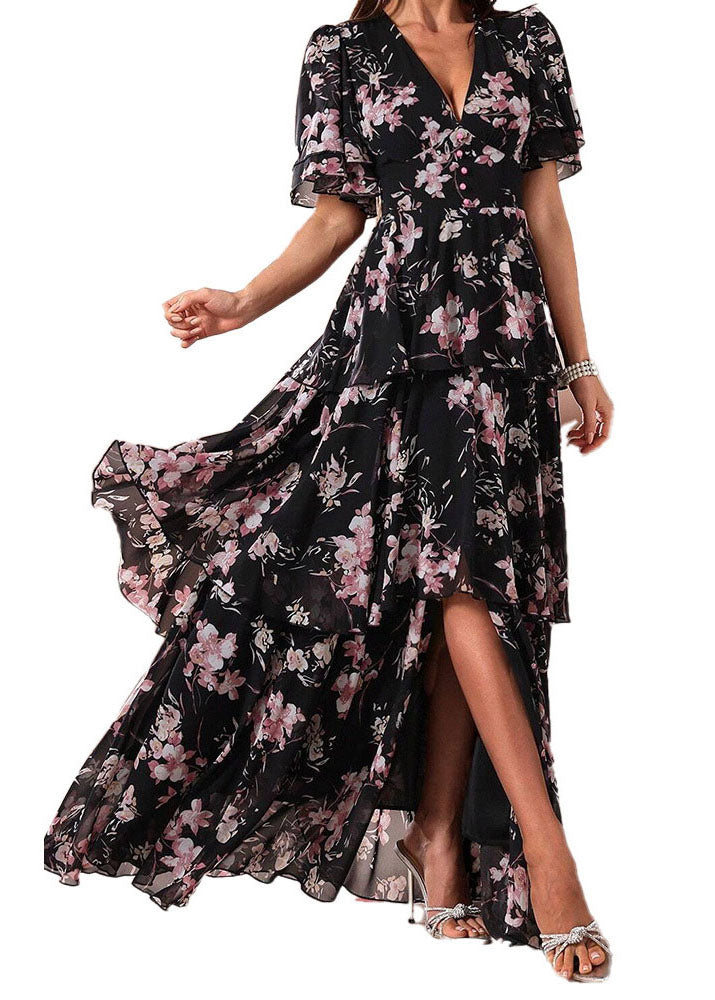 Classy Pink Ruffled Print Chiffon Long Dresses Summer
