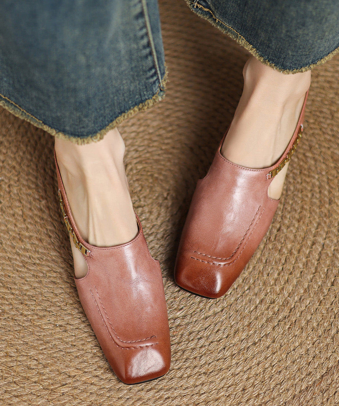 Classy Pink Splicing Cowhide Leather Wedge Slide Sandals