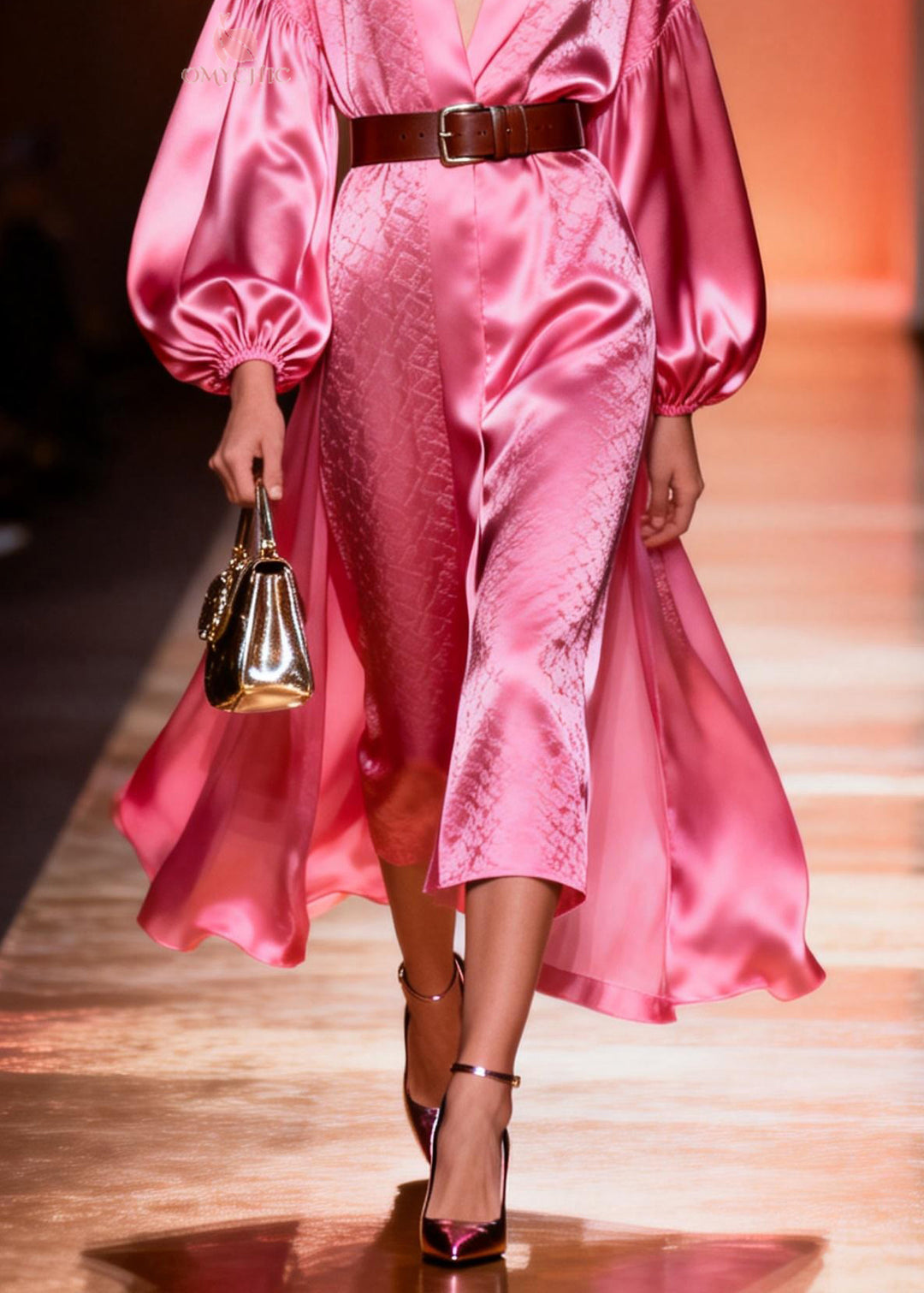 Classy Pink V Neck Patchwork Silk Dresses Lantern Sleeve